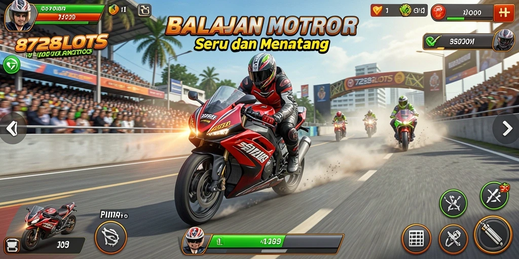 Tampilan gameplay seru dari 8728SLOTS dengan balapan motor yang mendebarkan.