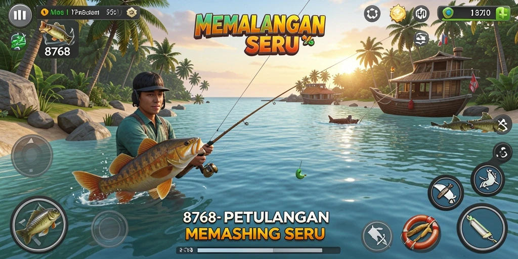 Tampilan gameplay dalam 8768 yang menampilkan proses memancing yang seru.