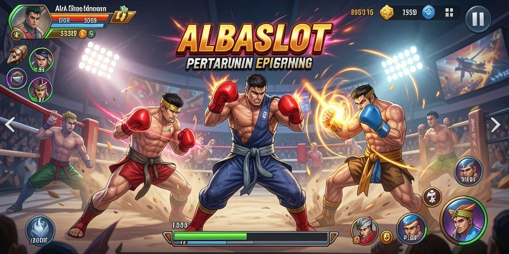 Gameplay seru ALBASLOT dengan pertarungan karakter yang mendebarkan.