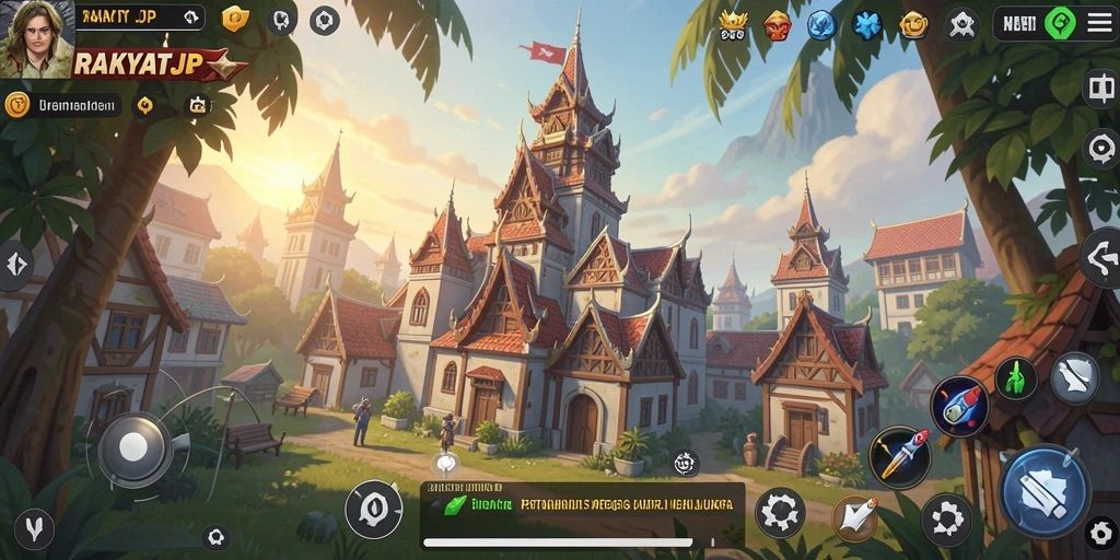 Tampilan gameplay seru dalam RAKYATJP dengan menara dan gelombang musuh.