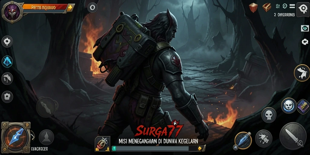 Screenshot utama SURGA77 menunjukkan karakter menghadapi kegelapan yang mencekam.