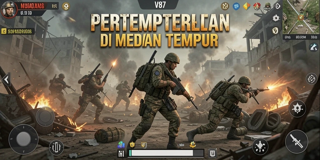 Tangkapan layar V87 menampilkan aksi pertempuran intens dalam game Battle Royale.